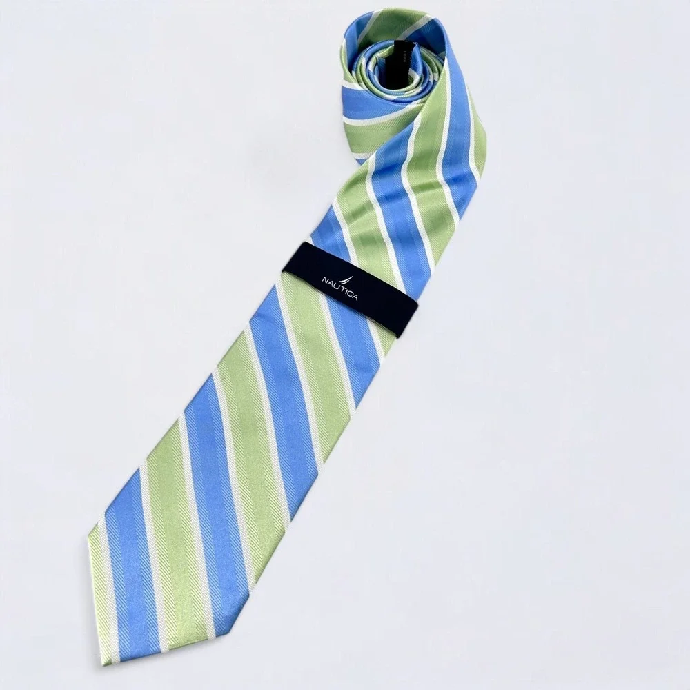 Nautica Necktie Adult Blue Green White Striped 100% Silk Repp Tie NEW